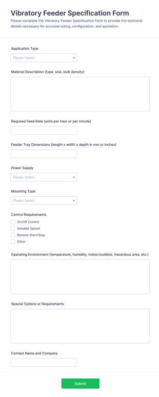 Vibratory Feeder Specification Form Template