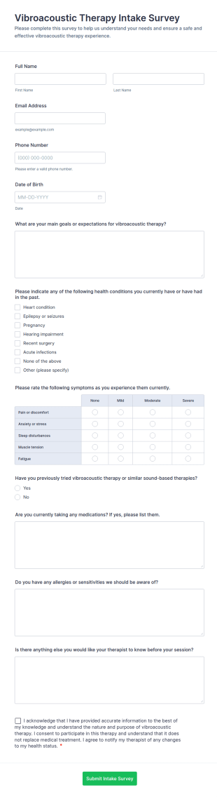 Vibroacoustic Therapy Intake Survey Form Template