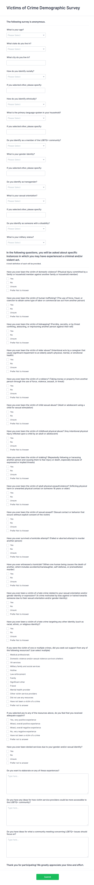 Victims Of Crime Demographic Survey Form Template