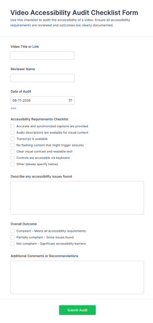 Video Accessibility Audit Checklist Form Template