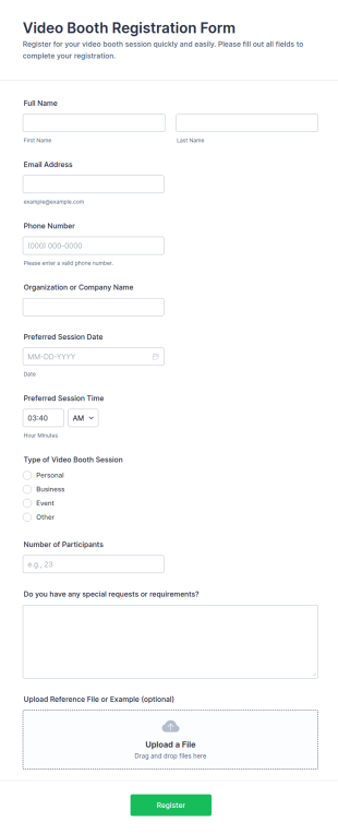 Video Booth Registration Form Template