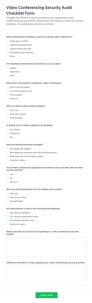 Video Conferencing Security Audit Checklist Form Template