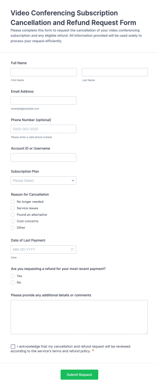 Video Conferencing Subscription Cancellation And Refund Request Form Template