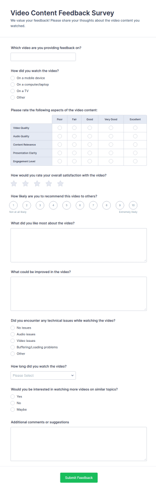 Video Content Feedback Survey Form Template