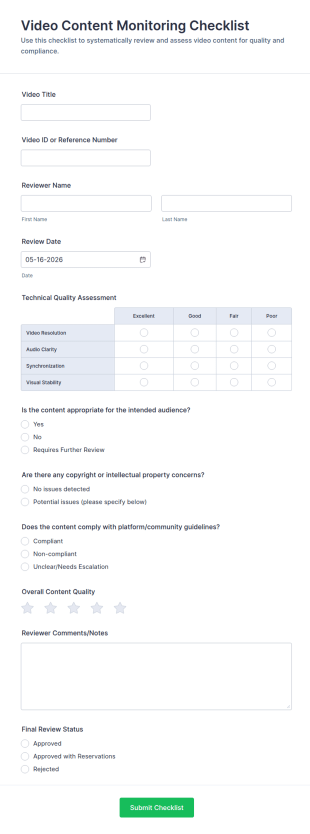 Video Content Monitoring Checklist Form Template