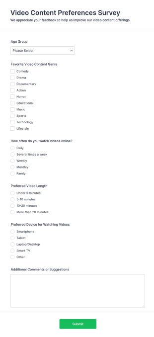 Video Content Preferences Survey Form Template