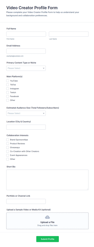 Video Creator Profile Form Template