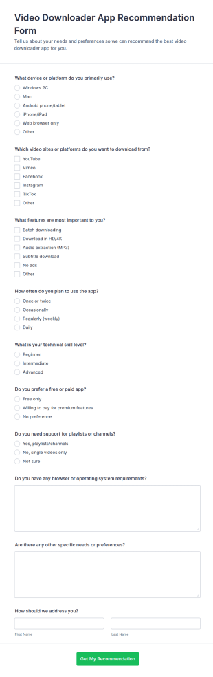 Video Downloader App Recommendation Form Template