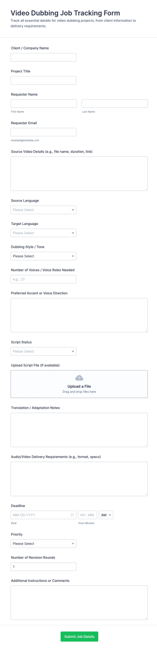 Video Dubbing Job Tracking Form Template