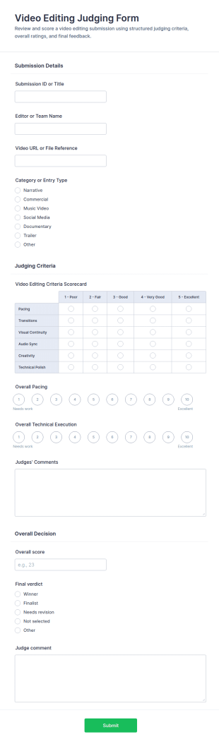 Video Editing Judging Form Template