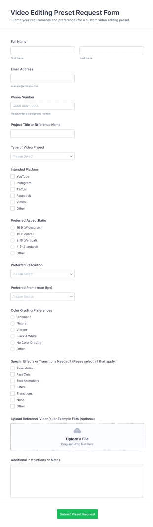 Video Editing Preset Request Form Template