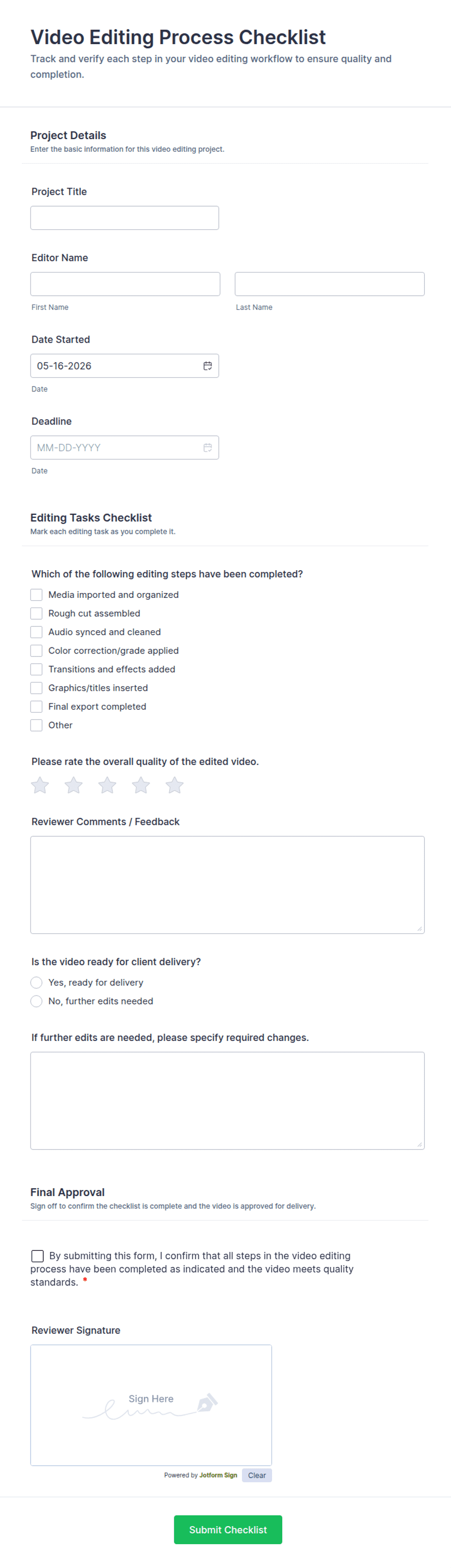Video Editing Process Checklist Form Template | Jotform