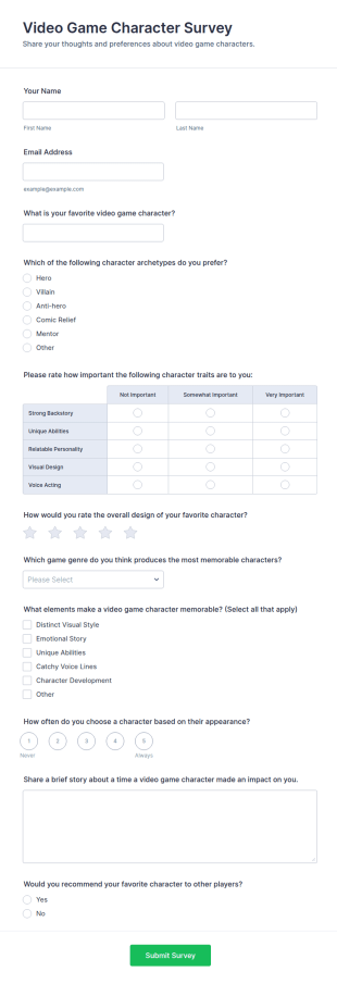 Video Game Character Survey Form Template