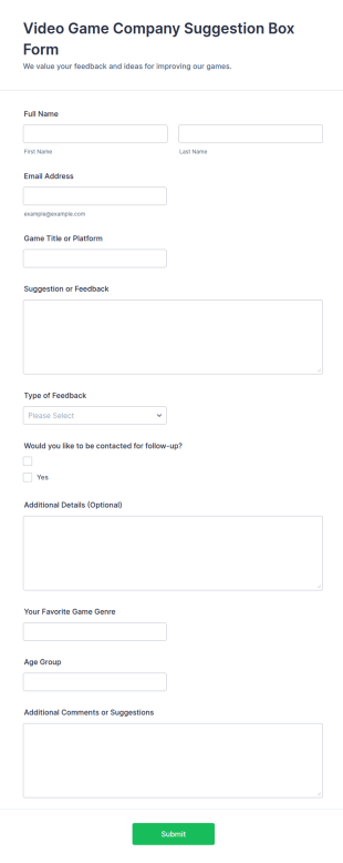 Video Game Company Suggestion Box Form Template