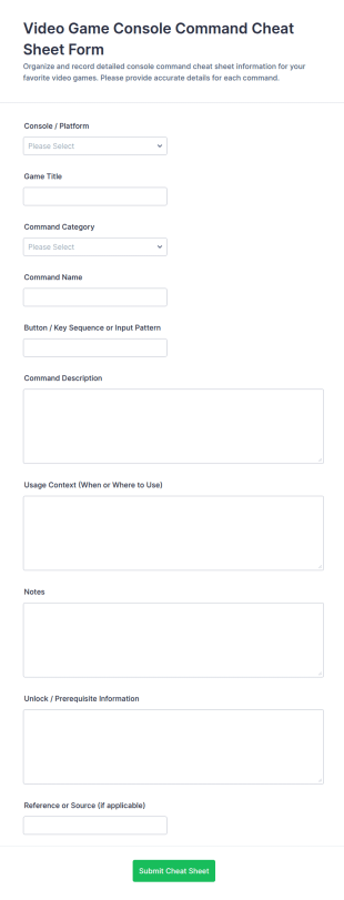 Video Game Console Command Cheat Sheet Form Template