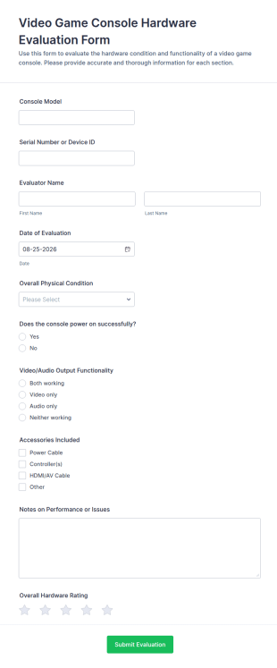 Video Game Console Hardware Evaluation Form Template