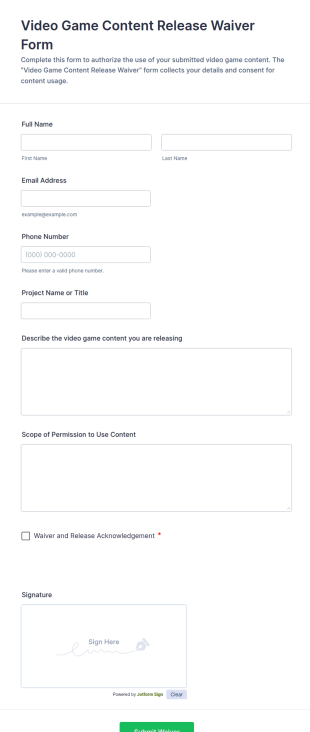 Video Game Content Release Waiver Form Template