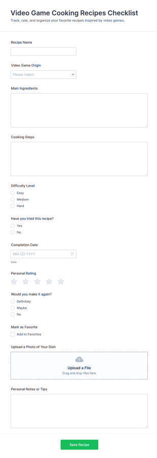 Video Game Cooking Recipes Checklist Form Template
