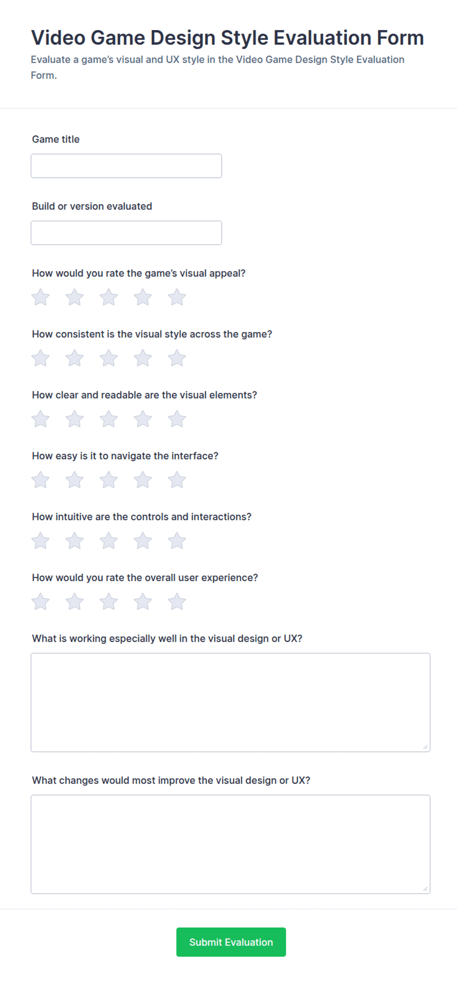 Video Game Design Style Evaluation Form Template | Jotform