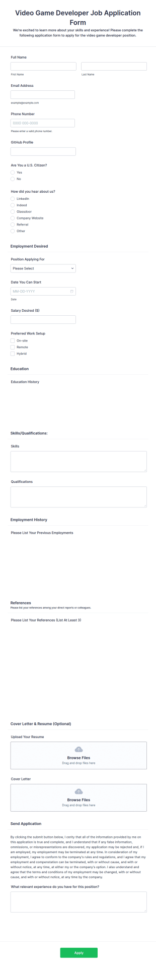 Video Game Developer Job Application Form Template