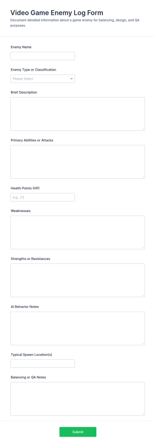 Video Game Enemy Log Form Template