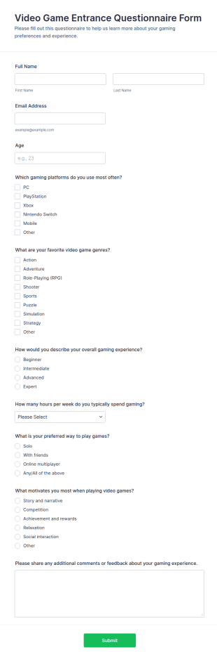 Video Game Entrance Questionnaire Form Template