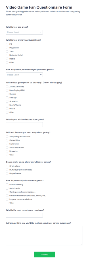 Video Game Fan Questionnaire Form Template