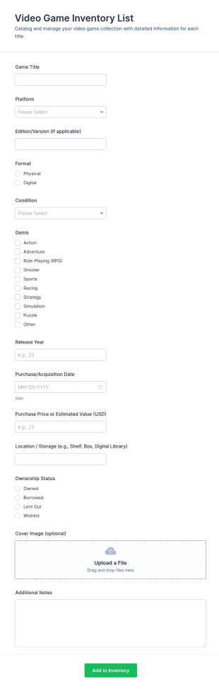 Video Game Inventory List Form Template