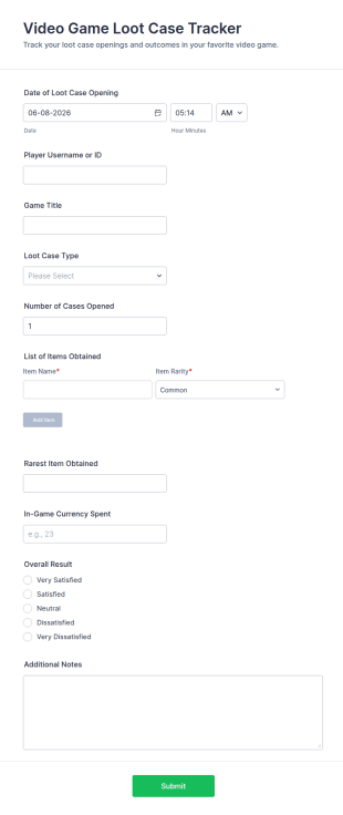 Video Game Loot Case Tracker Form Template