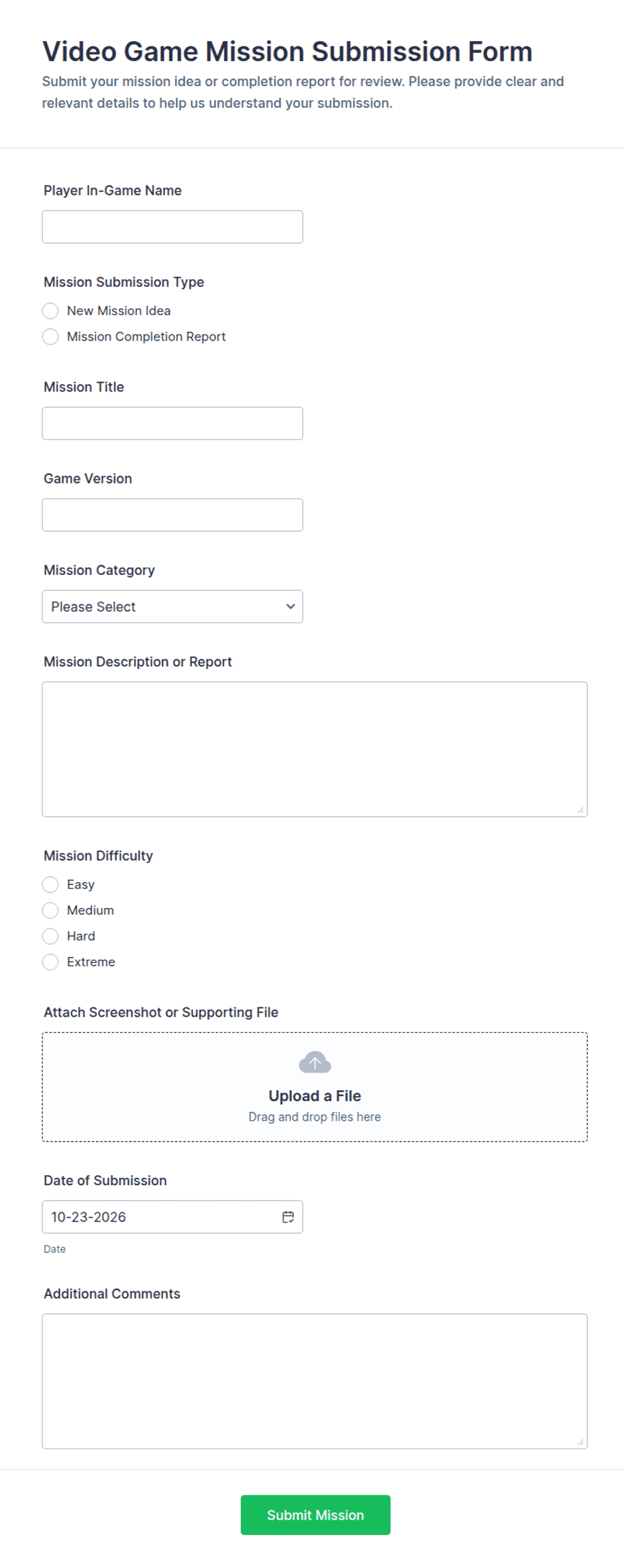 Video Game Mission Submission Form Template | Jotform