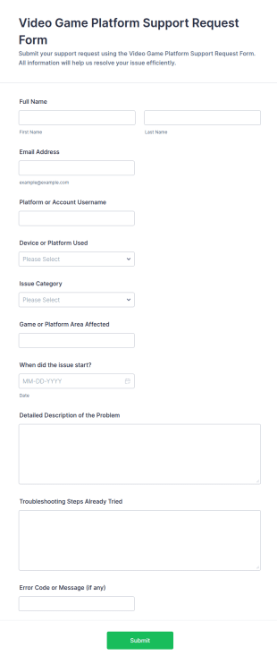 Video Game Platform Support Request Form Template
