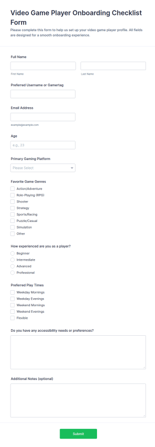 Video Game Player Onboarding Checklist Form Template