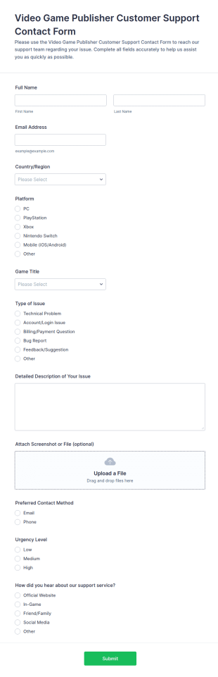 Video Game Publisher Customer Support Contact Form Template