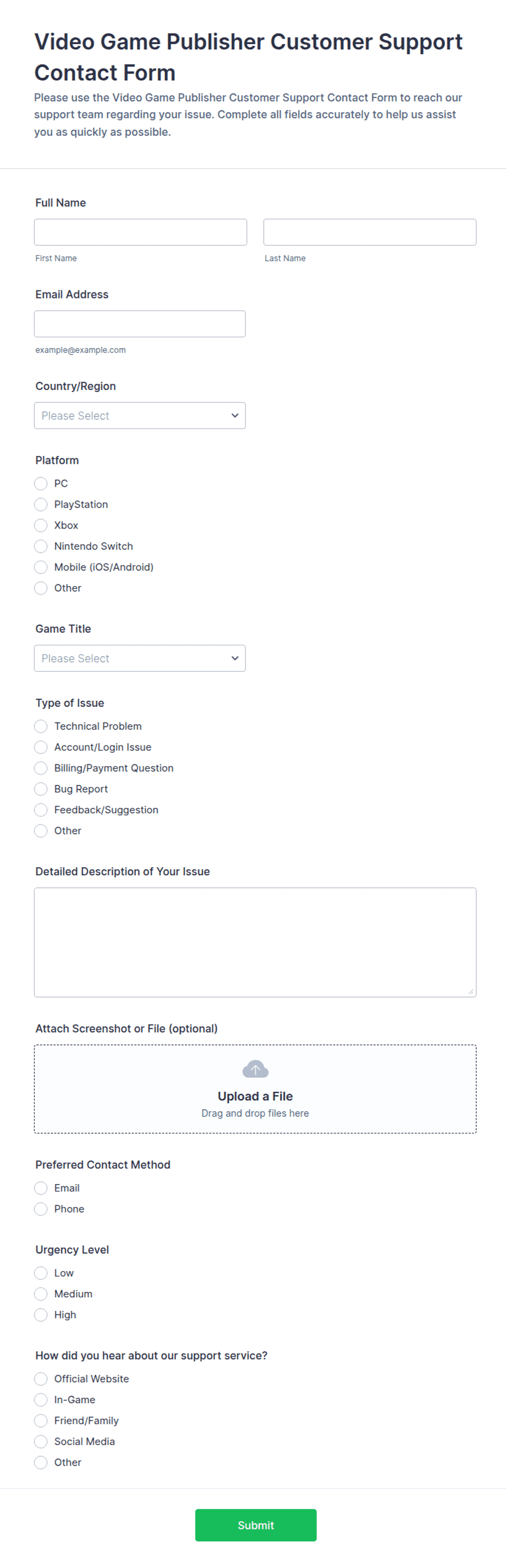 Video Game Publisher Customer Support Contact Form Template | Jotform
