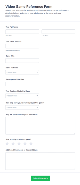 Video Game Reference Form Template