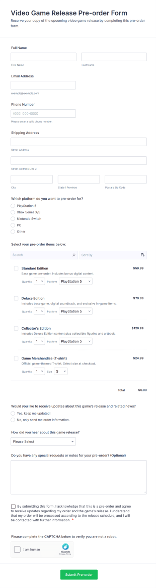 Video Game Release Pre Order Form Template