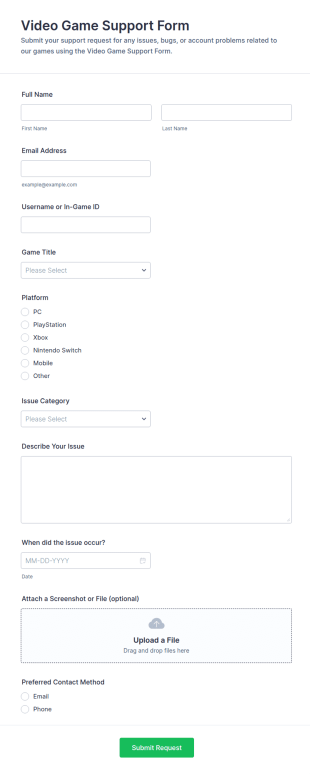 Video Game Support Form Template