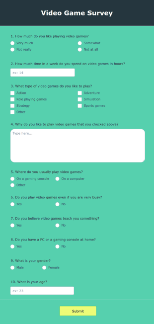Video Game Survey Form Template