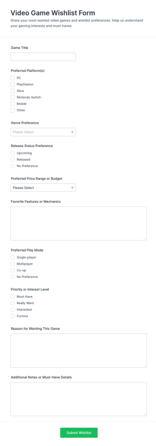Video Game Wishlist Form Template