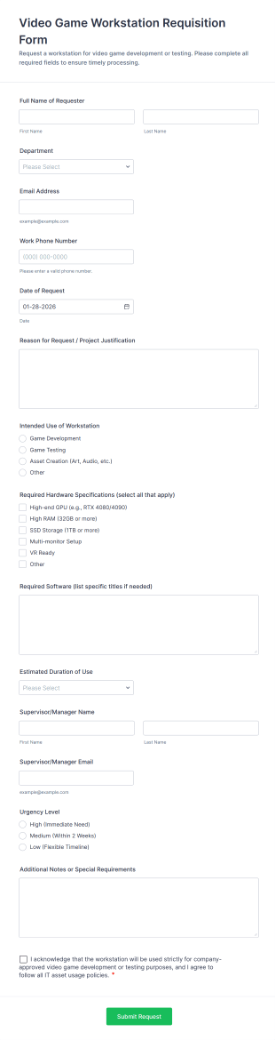 Video Game Workstation Requisition Form Template