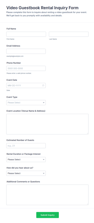 Video Guestbook Rental Inquiry Form Template