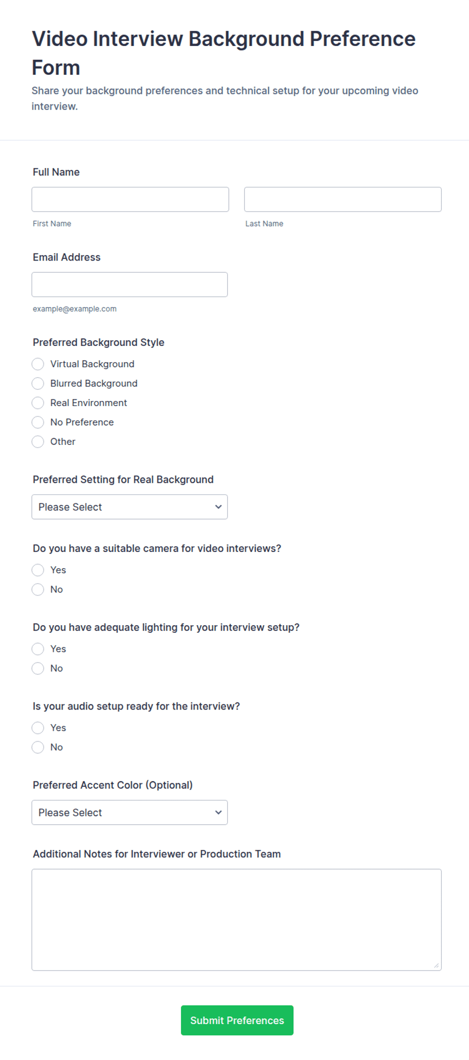 Video Interview Background Preference Form Template | Jotform