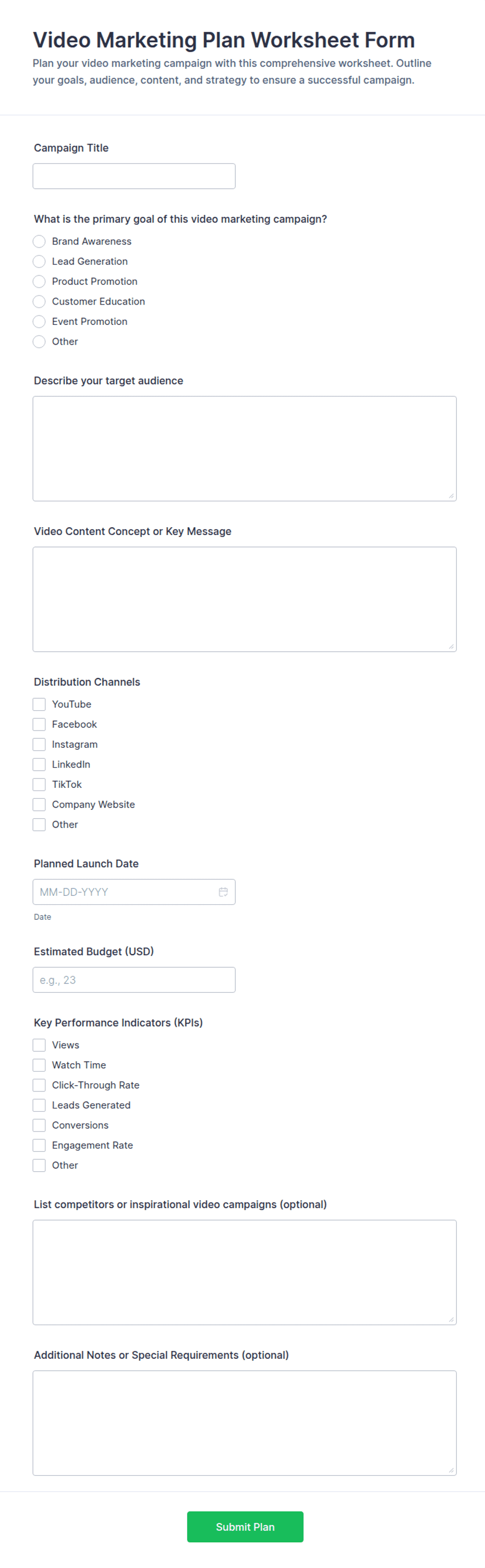 Video Marketing Plan Worksheet Form Template | Jotform