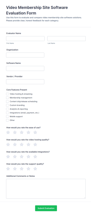 Video Membership Site Software Evaluation Form Template