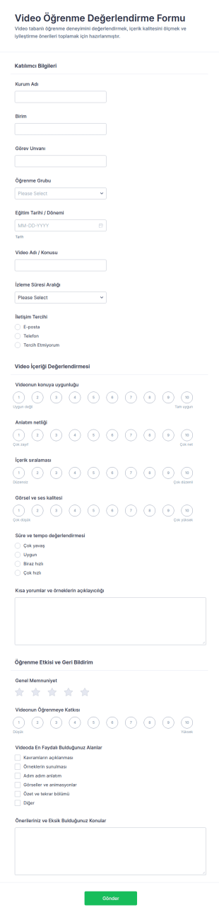 Video Öğrenme Değerlendirme Anketi Form Şablonu