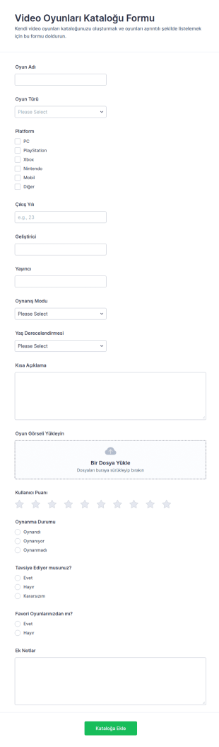 Video Oyunu Katalog Form Şablonu