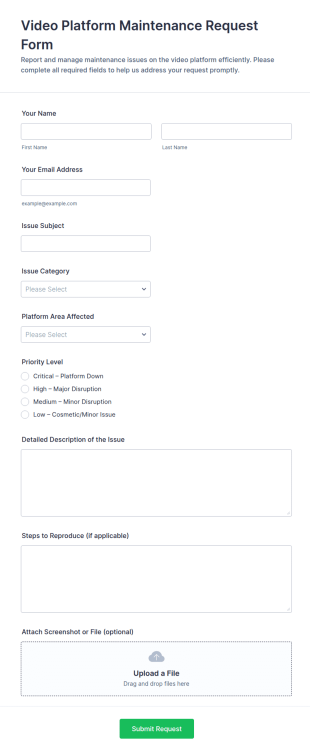 Video Platform Maintenance Request Form Template