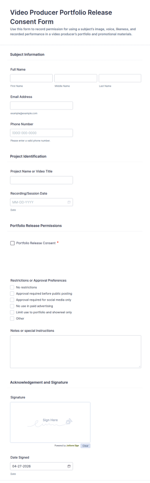 Video Producer Portfolio Release Consent Form Template