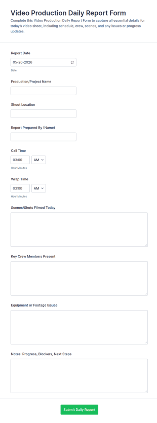 Video Production Daily Report Form Template