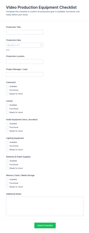 Video Production Equipment Checklist Form Template